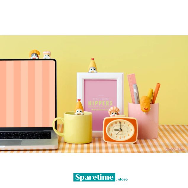 Desk setup with laptop, mug, clock, and stationery items on a checkered tablecloth. HIPPERS Mofusand: Vol. 2