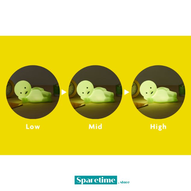 Three views of a glowing dinosaur toy on a yellow background with &