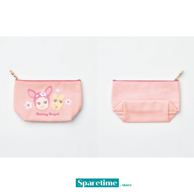 Two pink pouches with cartoon designs on a white background, featuring the brand &