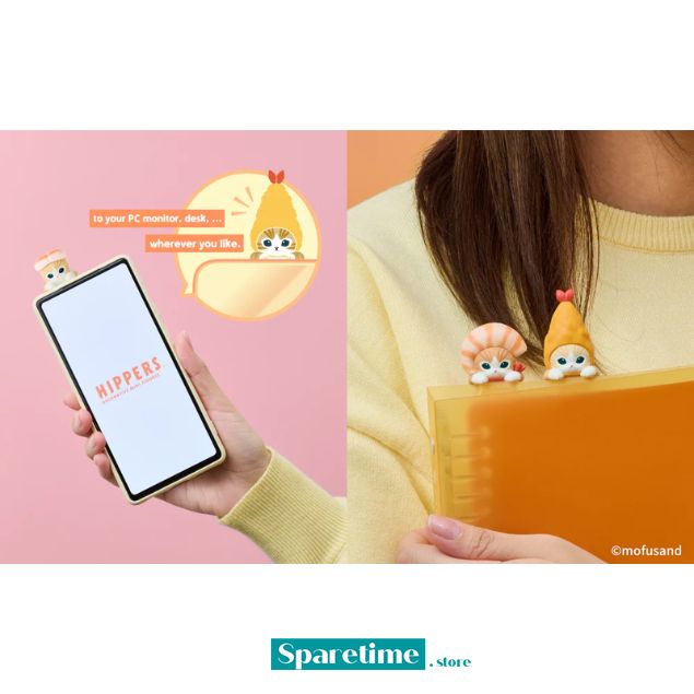 Person holding a phone with cartoon characters on screen and phone case, against a pink and orange background. HIPPERS Mofusand: Vol. 2