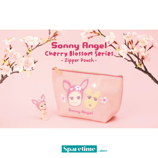 Pink zipper pouch with Sonny Angel design on a pink background with cherry blossoms