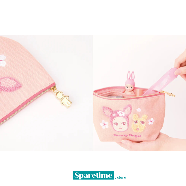 Pink pouch with cartoon design held by a hand on a white background, featuring the brand &