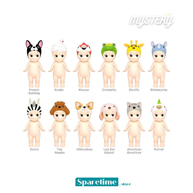 A collection of 12 small blind box figures labeled with different animal and toy names, including French Bulldog, Snake, Mutaw, Crocodile, Giraffe, Rhino, Zebra, Toy Panda, Chihuahua, Log Ear Rabbit, American Shortie, and Parrot. The figures are displayed on a plain white background with &