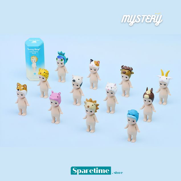 A set of small blind-box style figurines shown on a light blue background, with one blue box and the word &