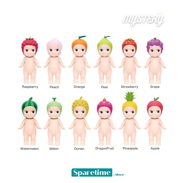 A grid of small fruit-themed character figures labeled Raspberry, Peach, Orange, Pear, Strawberry, Grape, Watermelon, Melon, Durian, Dragonfruit, Pineapple, and Apple, shown on a white background with a &