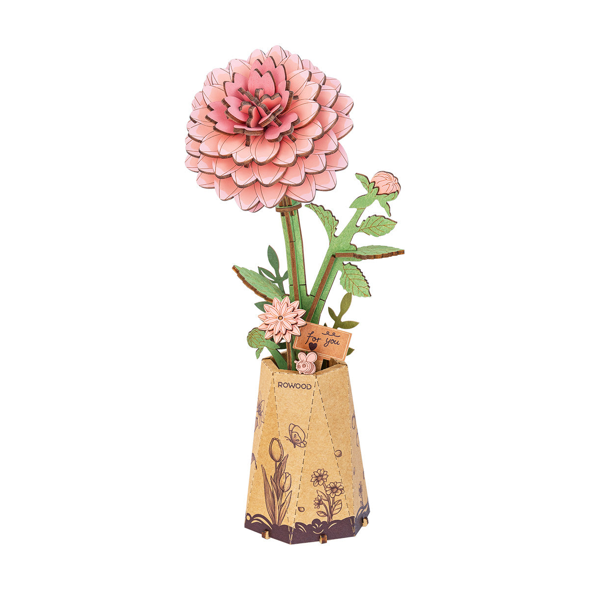 Rowood Pink Dahlia DIY Wooden Flower 3D Puzzle TW131 Wooden Flower 3D Puzzle
